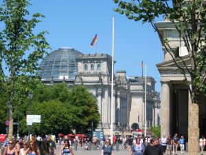 The Reichstag as seen from the Brandenburg Gate on the right.